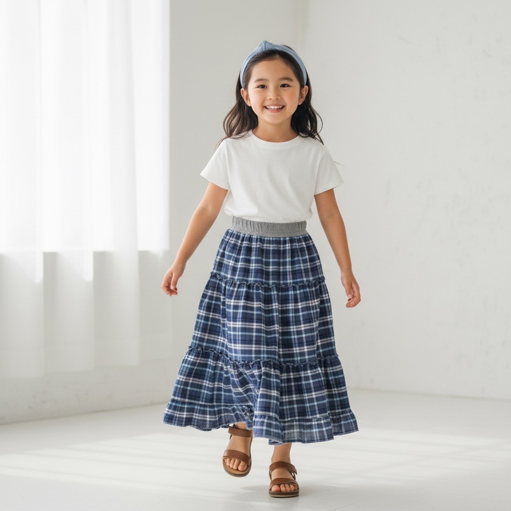 Skirt Girls‎ 6/7 Maxi Blue Plaid Ruffle Tiered Cotton Preppy Mom and Pop's Kids